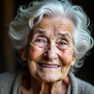 An elderly woman in her 80s with deep wrinkles and white hai