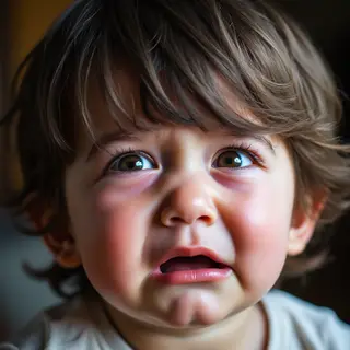 A 5-year-old child with round cheeks and large eyes, crying 