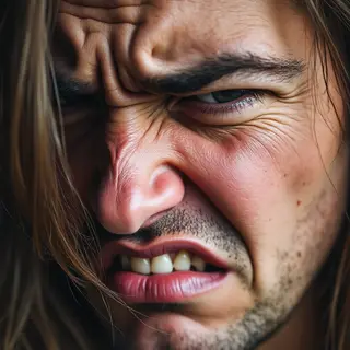 A close-up of a person's face showing clear disgust, nose wr