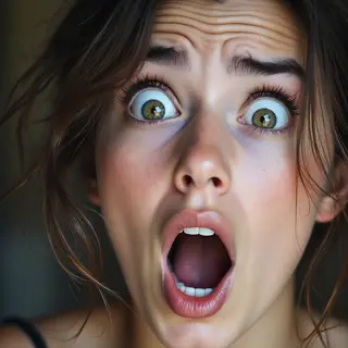 A portrait capturing genuine surprise — raised eyebrows, wid