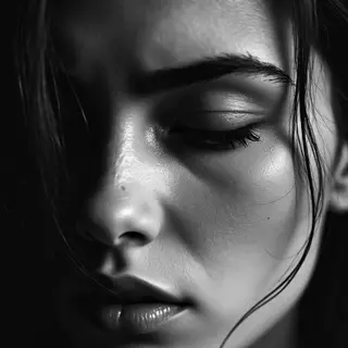 A face showing quiet melancholy — downcast eyes, slightly dr