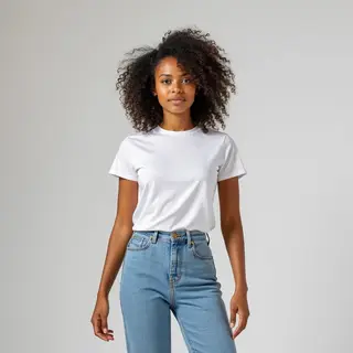 A woman standing upright in a relaxed pose, arms at her side