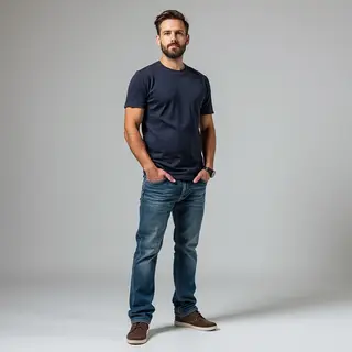 A man standing straight facing the camera, hands in pockets,