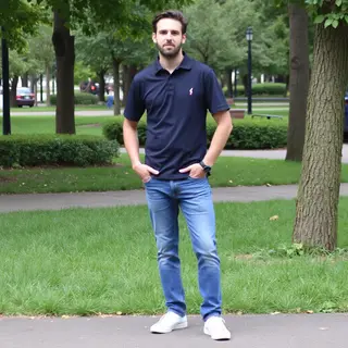 A person standing in a neutral pose in a park, full body vis