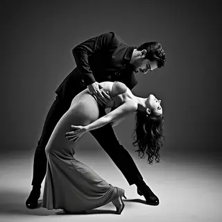Two tango dancers in a close embrace, the man dipping the wo