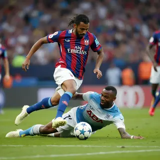 Two soccer players mid-tackle, one sliding and the other jum