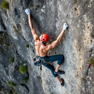 A rock climber clinging to a cliff face with arms and legs e