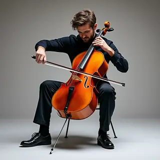 A cellist seated with correct posture, legs around the instr