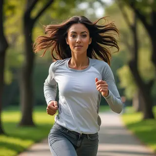 A woman mid-stride running through a park, hair and clothes 