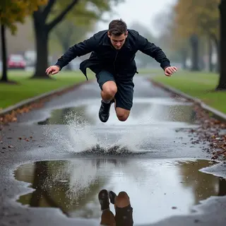 A man captured mid-jump over a puddle, body in the air with 