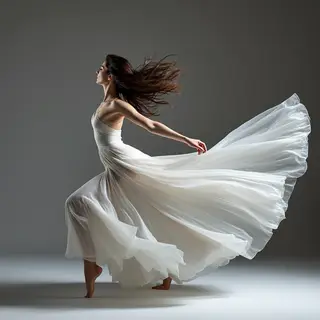 A dancer in a dynamic spin, dress flowing outward with one l