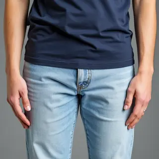 A person standing with both hands visible at their sides, fi