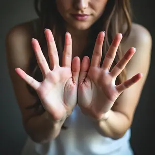 A woman holding her hands out in front of her palms-up, all 