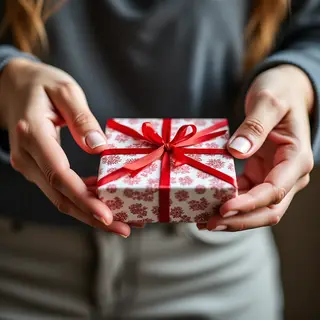 One person handing a small gift box to another person, both 