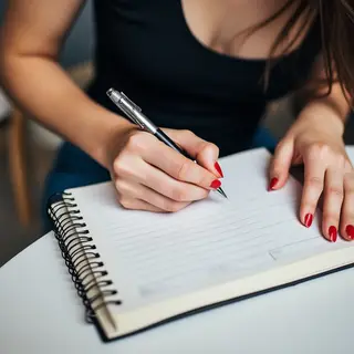 A woman writing in a notebook with a pen gripped correctly i