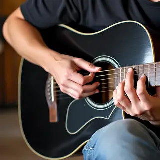A person playing an acoustic guitar with left hand on the fr