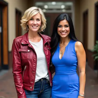 Two women standing side by side: one with short blonde hair 