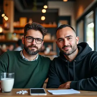 Two men at a cafe: one with a beard and glasses wearing a gr