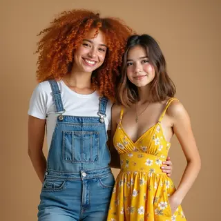 Two friends posing: one tall with curly red hair in denim ov