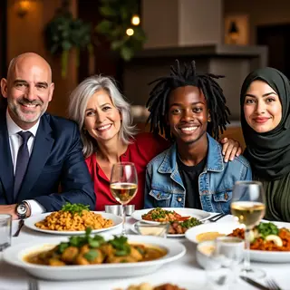 Four people at a dinner table: a bald man in a suit, a woman