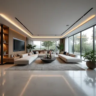 A wide-angle shot of a modern living room interior showing e