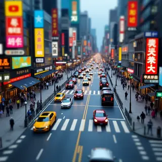 A tilt-shift photograph of a city street making real-life lo