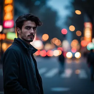 A street photograph with shallow depth of field as if shot a