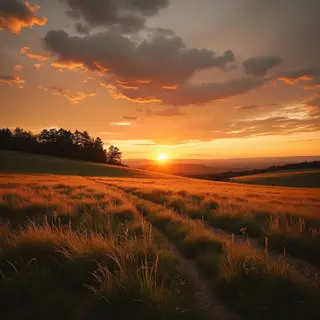 A landscape photograph bathed in golden hour light — long wa