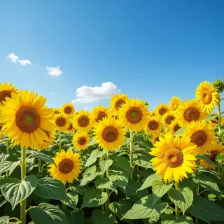 A field of pure sunflower yellow flowers under a clear blue 