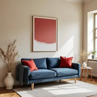 A minimalist room with walls in #F5E6CC (warm cream), a sofa