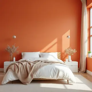 A bedroom wall painted in #FF6B35 (burnt orange) with white 