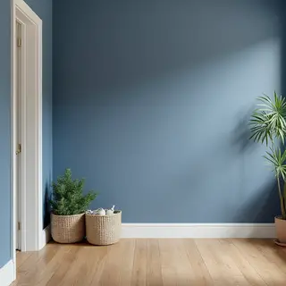 A room with walls in #4A90D9 (medium blue) with warm wooden 