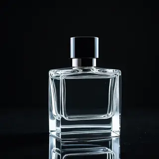 A clear glass perfume bottle on a reflective black surface w