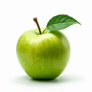 A ripe green apple on a seamless white background with soft 