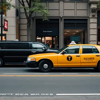 A yellow taxi and a black limousine parked next to each othe