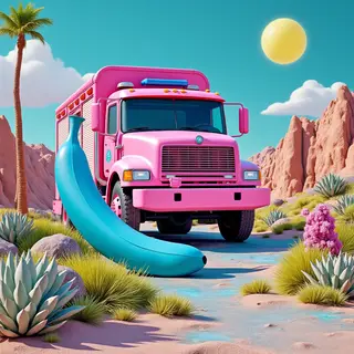 A pink fire truck, a blue banana, and a green sun in a surre