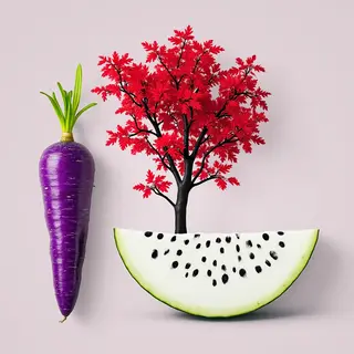 A purple carrot, a red tree with red leaves, and a white wat