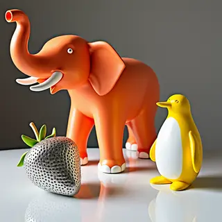 An orange elephant, a yellow penguin, and a silver strawberr