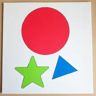 A large red circle, a small blue triangle, and a medium gree