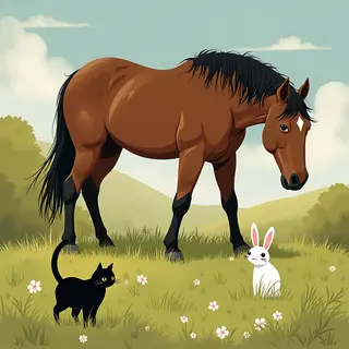 A big brown horse, a small white rabbit, and a medium-sized 