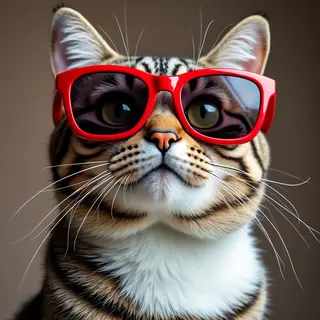 A tabby cat wearing oversized red sunglasses