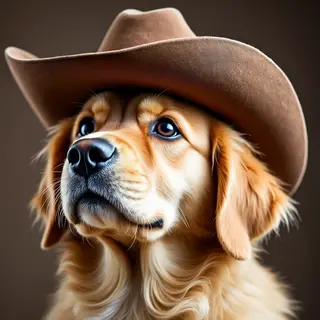 A golden retriever wearing a tiny cowboy hat