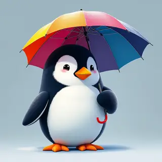 A penguin holding a colorful umbrella
