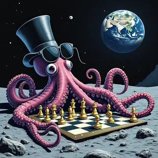 An octopus wearing a top hat and monocle playing chess on th