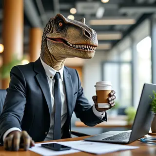 A dinosaur in a business suit giving a PowerPoint presentati