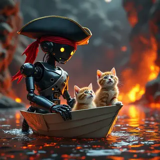 A robot dressed as a pirate sailing a paper boat on a lake o