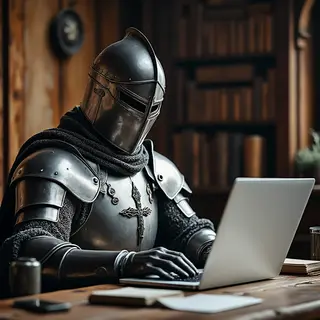 A medieval knight in full armor sitting at a desk typing on 