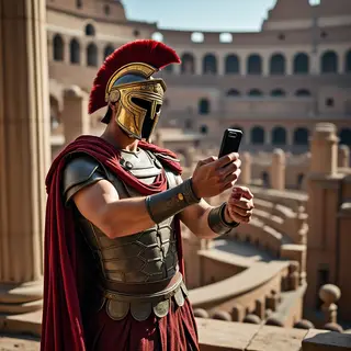 A Roman gladiator taking a selfie with a smartphone in the C
