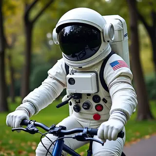 An astronaut in a spacesuit riding a bicycle through a park