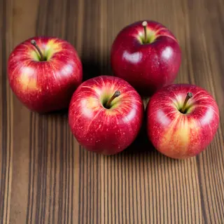 Exactly 3 red apples arranged on a wooden table